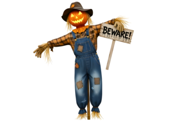 Cute scarecrow doll in denim overalls and plaid shirt isolated on transparent background