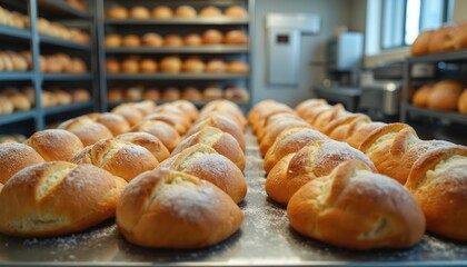 Freshly baked bread rolls are arranged on metal trays in a bakery. Shelves filled with more baked goods line the background. The scene shows a commercial kitchen ready for service.