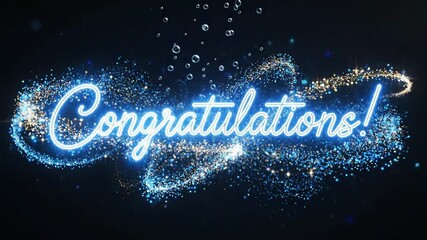 Sparkling Congratulations Animation with Blue Neon Glow and Particle Effects - Powered by Adobe