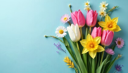 Colorful bouquet of tulips daffodils daisies and small purple flowers arranged on light blue paper background. Floral spring arrangement with vibrant hues and green stems. Positive nature bloom.