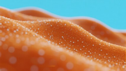 Close-up of orange fabric with sparkling texture against a blue background