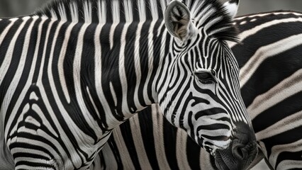 Fototapeta premium Close-up portrait of a zebra, focusing on its striped pattern.