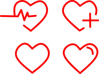 Set of red heart line icons featuring heartbeat, medical cross, and simple heart designs, perfect for health, wellness, love, and medical-themed projects.
