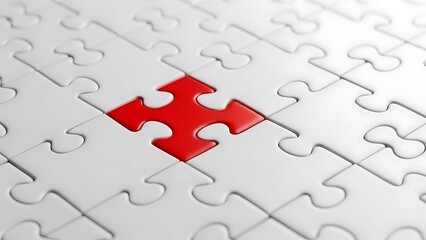 Single red puzzle piece on white puzzle background