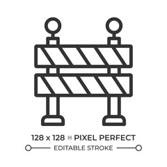 Barrier pixel perfect line icon. Guardrail protecting vehicles. Roadworks marking fence. Road infrastructure. Isolated vector illustration. Outline symbol. Simple linear drawing. Editable stroke