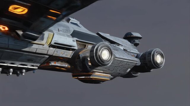 Close-up view of a futuristic grey spacecraft's powerful engines glowing brightly against a dark, featureless background.