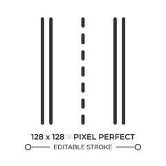 Road pixel perfect line icon. Two lane roadway separated by dotted marking. Traffic infrastructure. Carriage way. Isolated vector illustration. Outline symbol. Simple linear drawing. Editable stroke