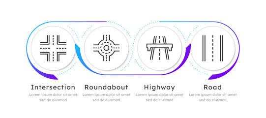 Road types circle bile gradient infographic 4 steps. Intersection, roundabout, highway and separated lanes. Roadway. Editable thin line icons diagram process. Lexend Montserrat font used