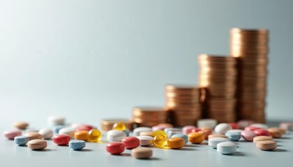 Multicolored pills and capsules spread on surface with stacks of gold coins forming upward trend. Concept of rising medication costs and health economics.