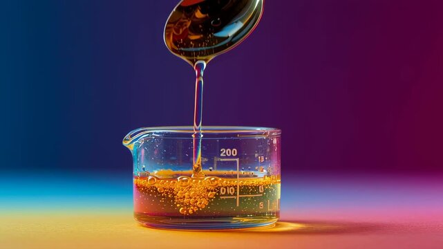Golden liquid honey dripping from spoon into glass measuring cup with colorful gradient background showing smooth texture rich amber color warm light glow sweet food drip cup
