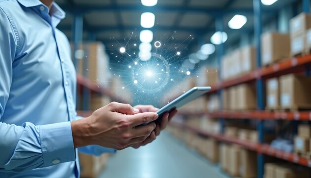 Man uses tablet with glowing network overlay in warehouse. Digital data connects inventory shelves, optimizing logistics and supply chain operations. Future of commerce tech. - Powered by Adobe