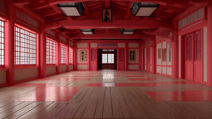 Empty martial arts hall in crimson and bamboo evoking disciplined tranquil training environment with traditional aesthetic harmony