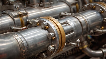 Close-up view of metallic pipes and connectors in industrial machinery