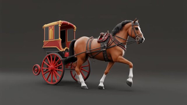 A brown horse pulling an ornate red and gold carriage with spoked wheels on a plain background.