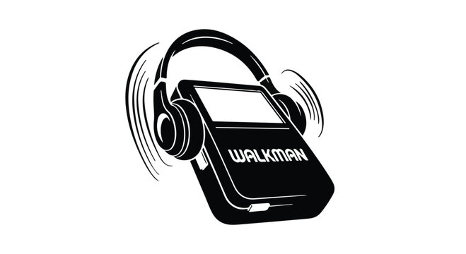 Portable music player with large over-ear headphones vibrates with sound waves in graphic design.