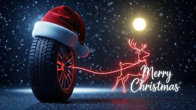 Winter tire with red santa hat and neon reindeer pulling the tire with Merry Christmas text. Festive holiday promotion for automobile parts.