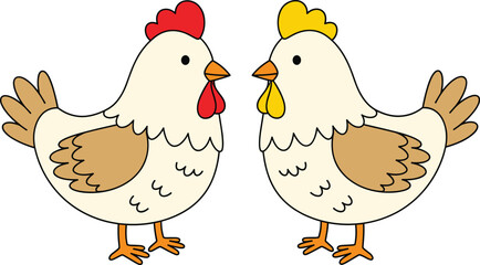 Cute pair of chickens cartoon illustration showing two farm hens facing each other, simple friendly poultry animal vector for children designs