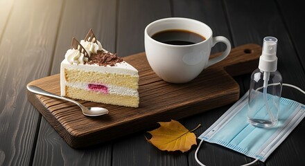 Sweet treat and coffee with hand sanitizer and face mask