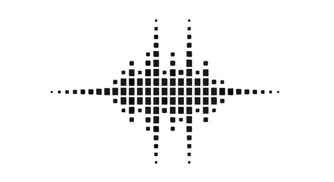 Symmetrical square pixel sound wave graphic represents audio equalization or digital signal strength.