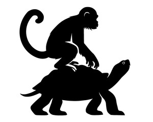 Silhouette of monkey and turtle playing, vector illustration.
