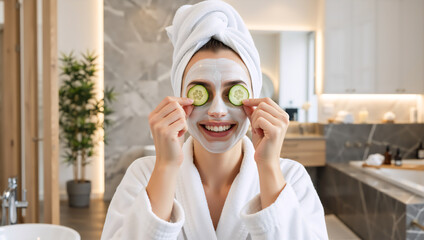 Happy woman with a face mask holding cucumber slices over her eyes. Young female enjoying a spa beauty treatment at home for skincare and self-care