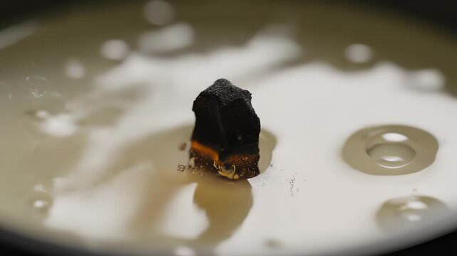 Piece of Incense Burning and Extinguishing in Water Dish Close Up