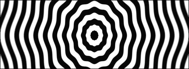 Hypnotic spirals background. Radial optical illusion. Black and white swirl tunnel wallpaper. Horizontal spinning concentric curves. Vortex or whirlpool design for poster, banner, flyer.EPS10