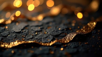 Abstract dark textured surface with sparkling golden ribbon and bokeh lights, festive and luxurious background