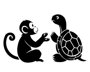 Silhouette of monkey and turtle playing, vector illustration.
