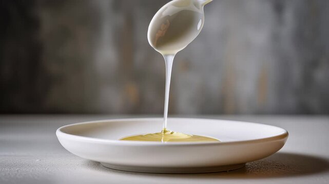 Vanilla glaze pouring slowly from spoon onto white plate with smooth creamy texture creating sweet dessert topping glossy and delicate preparation scene inviting and appetizing