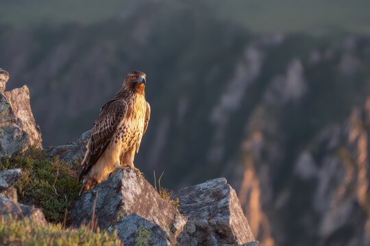 Majestic eagle perched on jagged rock overlooking the mountain