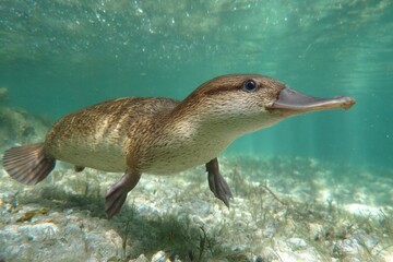 Platypus Swimming Underwater in Clear Water
