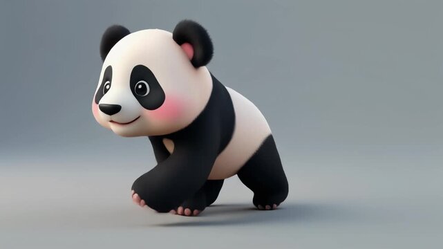 A charming 3D rendered illustration of a cute baby panda with rosy cheeks, walking playfully on a plain grey background.