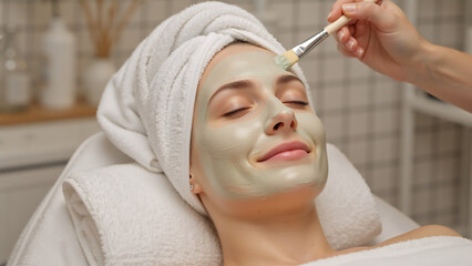 Beautician applying a facial mask to a relaxed woman in a spa salon. Client enjoying a professional skincare treatment with a green clay mask