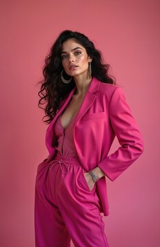 Woman in pink pantsuit poses confidently. She wears large hoop earrings and a bracelet. Her curly dark hair flows around her shoulders. Modern bold aesthetic style in studio.