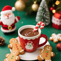 4k high quality Ai generative HD photo realistic red green white Christmas tree ornament bauble decoration gingerbread cookies cup glass milk chocolate Santa Claus background candy cane spoon drink