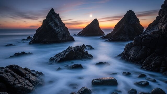 A long exposure seascape with jagged black rocks, misty water, and a colorful sunset sky with a moon. - Powered by Adobe