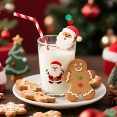 4k high quality Ai generative HD photo realistic red green white Christmas tree ornament bauble decoration gingerbread cookies cup glass milk chocolate Santa Claus background mug doll statue