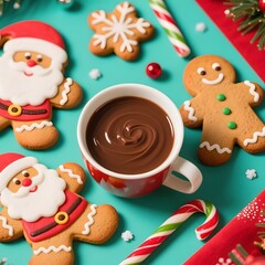 4k high quality Ai generative HD photo realistic red green white candy cane Christmas tree ornament bauble decoration gingerbread biscuit cookies cup glass milk chocolate Santa Claus background 