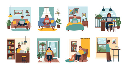 People working from home in various cozy settings