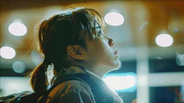 A woman with long hair and a backpack is looking at something