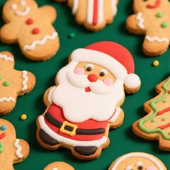 4k high quality Ai generative HD photo realistic red green white Christmas tree ornament decoration gingerbread biscuit cookies milk chocolate Santa Claus background icing sugar sweet one big
