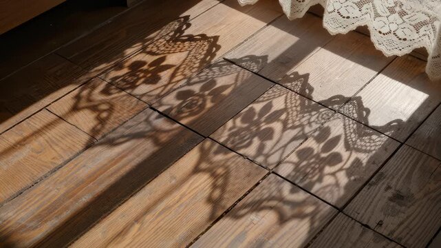 Sunlight Creates Lacy Shadow on Vintage Wooden Floorboards Moving