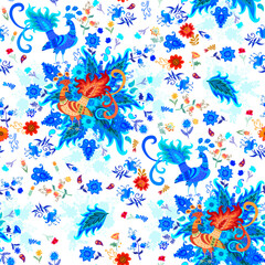 Fabulous multicolored birds, lush bouquets of flowers, paisley, and small flowers on a white background. A beautiful seamless pattern