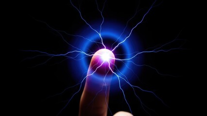 A finger touching a glowing orb of light, creating blue electrical discharges against a black background.