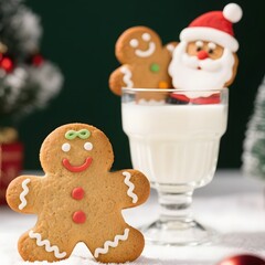 4k high quality Ai generative HD photo realistic red green white Christmas tree ornament decoration gingerbread man bake oven cookies cup glass milk Santa Claus background