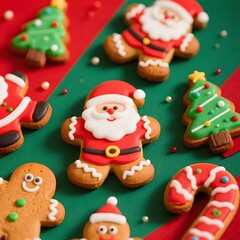 4k high quality Ai generative HD photo realistic red green white Christmas tree ornament decoration gingerbread biscuit cookies milk chocolate Santa Claus background icing sugar sweet joy shape