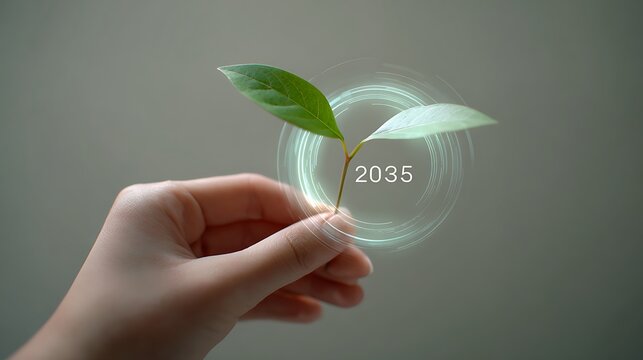 Hand holding green plant, glowing 2035 sustainability tech vision