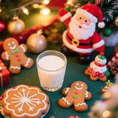 4k high quality Ai generative HD photo realistic red green white Christmas tree ornament bauble decoration gingerbread bake oven cookies glass milk joy mini Santa Claus background carol light happy