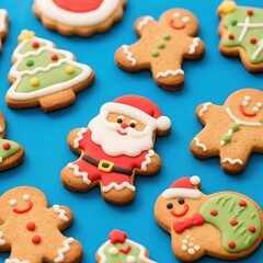 4k high quality Ai generative HD photo realistic red green white Christmas tree ornament decoration gingerbread biscuit cookies milk chocolate Santa Claus background icing sugar sweet blue